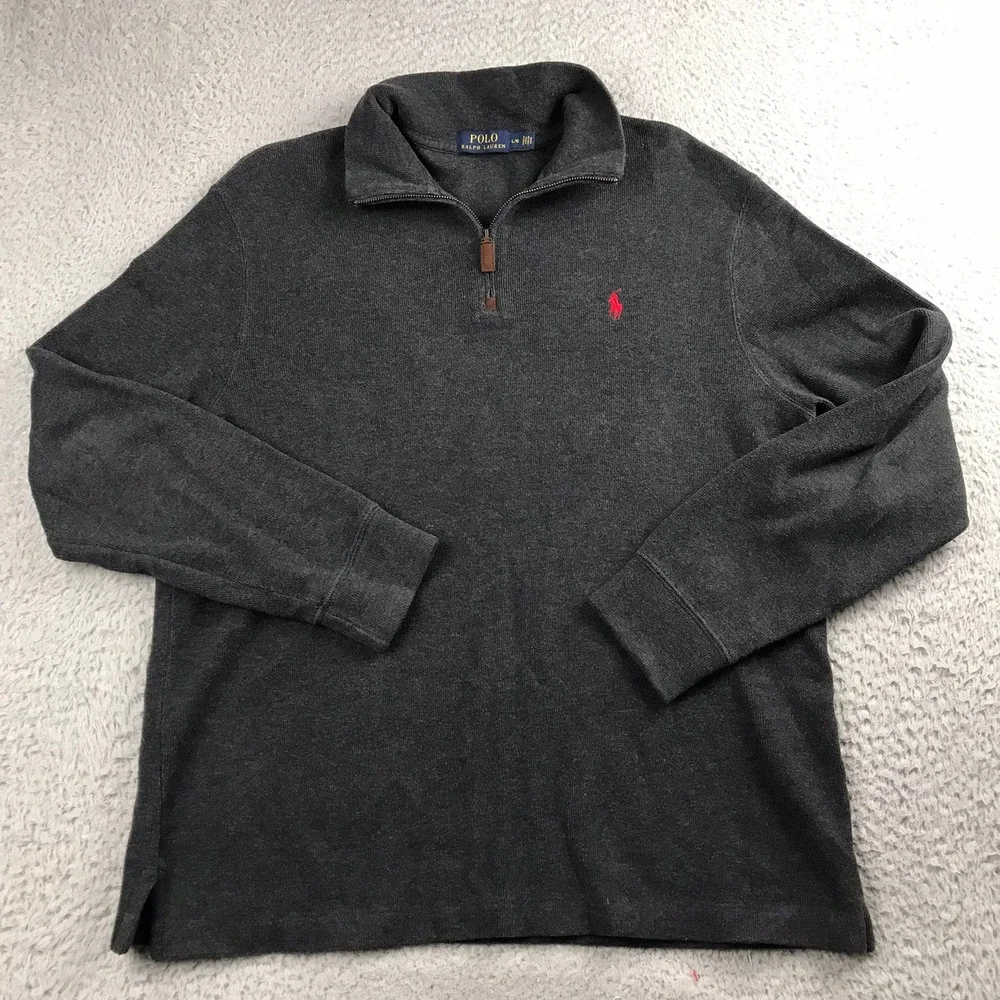 Polo Ralph Lauren Pullover Men L Gray Quarter Zip Cotton Ribbed Knit Sweater